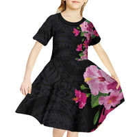 Hawaiian Hibiscus and Art Polynesian Tattoo Kid Short Sleeve Dress Black Color LT03 - Polynesian Pride