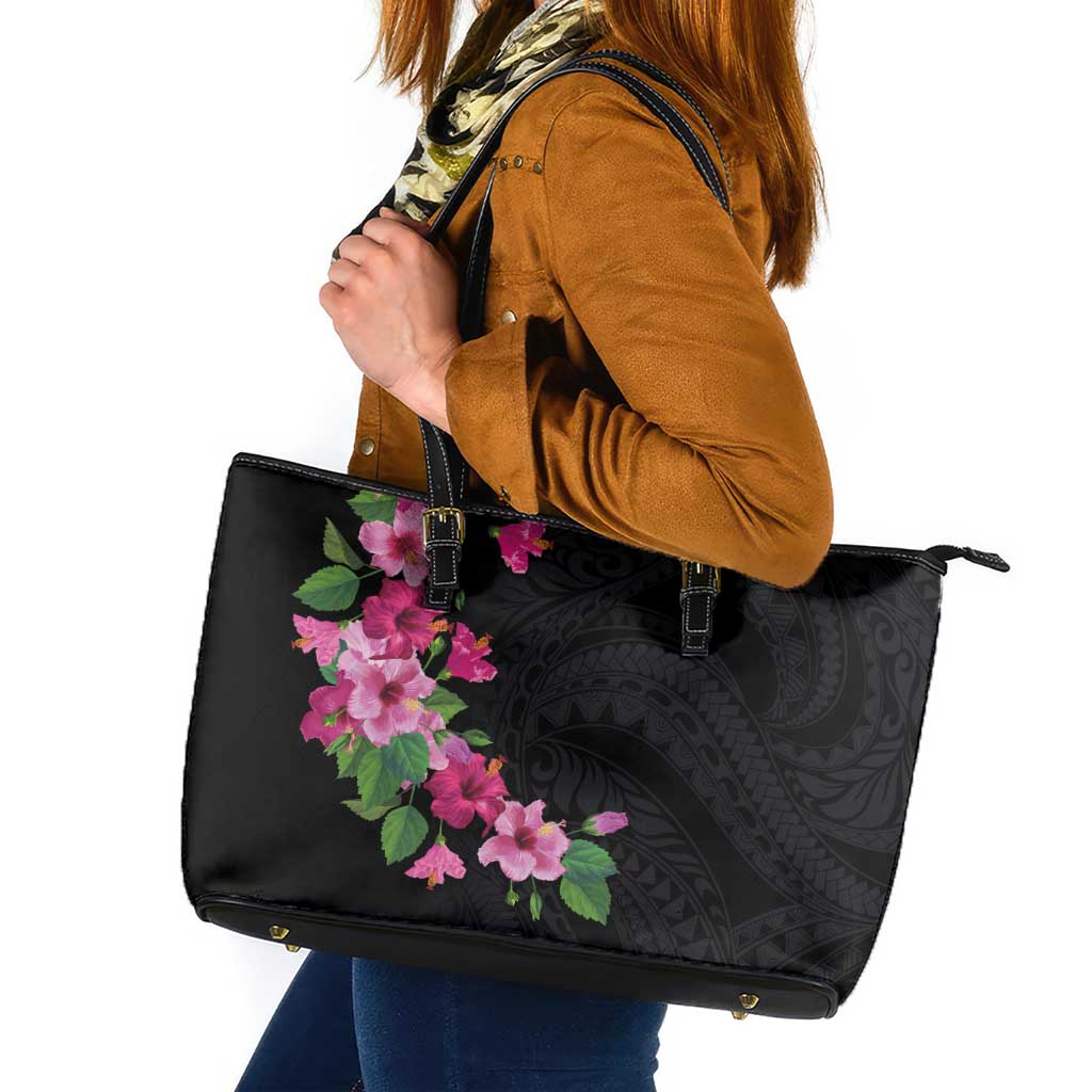 Hawaiian Hibiscus and Art Polynesian Tattoo Leather Tote Bag Black Color