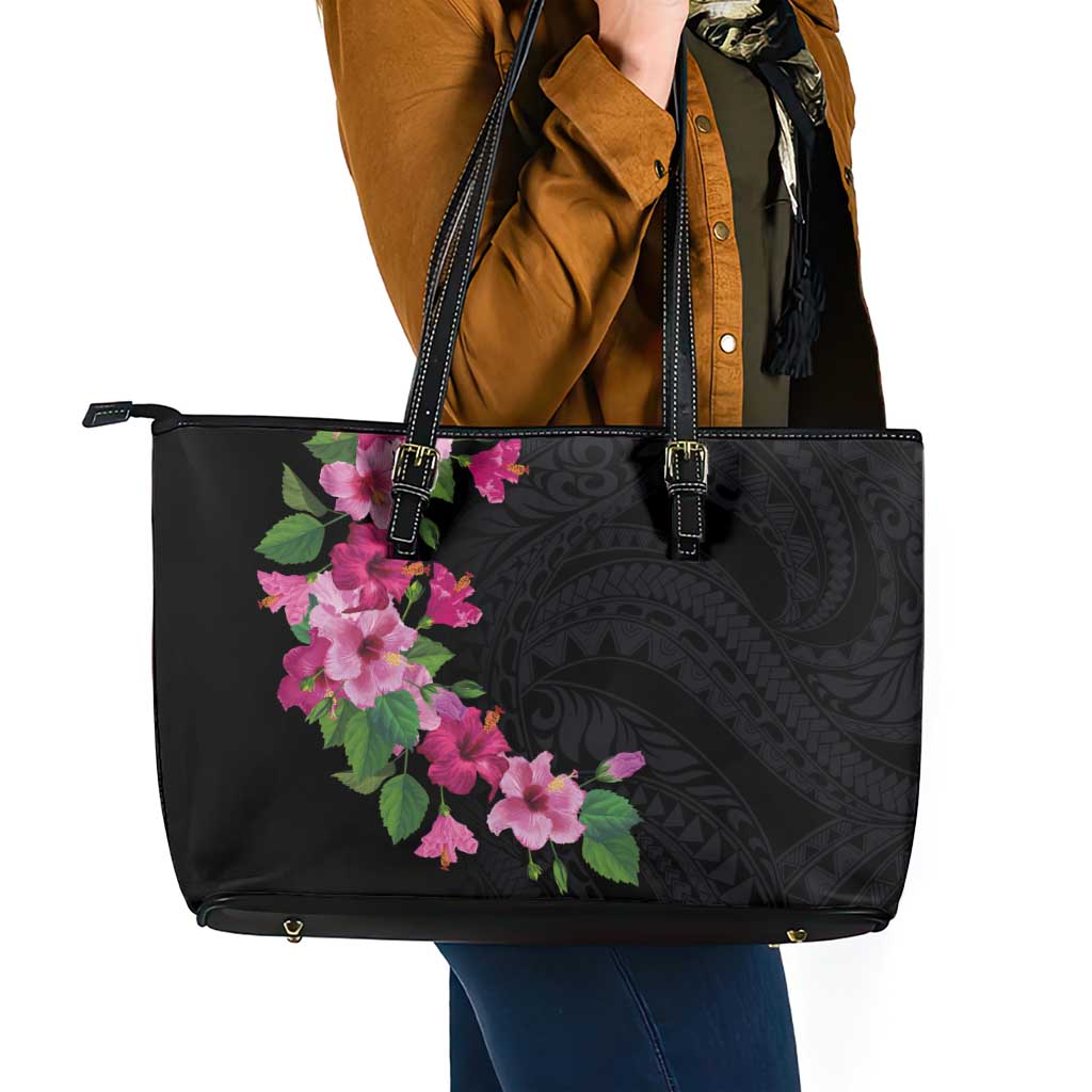 Hawaiian Hibiscus and Art Polynesian Tattoo Leather Tote Bag Black Color