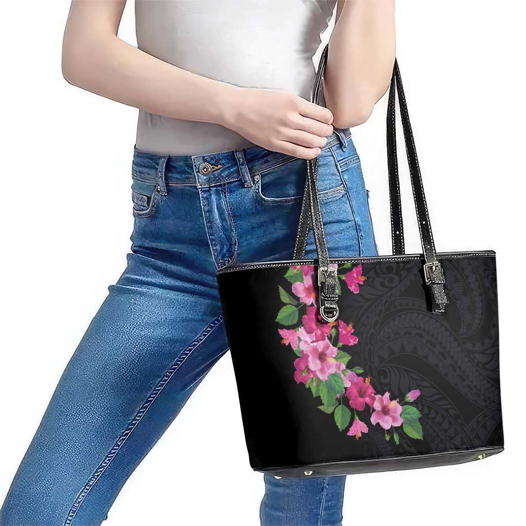 Hawaiian Hibiscus and Art Polynesian Tattoo Leather Tote Bag Black Color