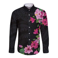 Hawaiian Hibiscus and Art Polynesian Tattoo Long Sleeve Button Shirt Black Color LT03 Unisex Black - Polynesian Pride