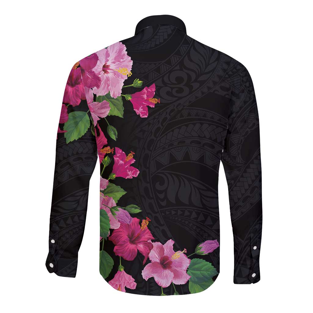 Hawaiian Hibiscus and Art Polynesian Tattoo Long Sleeve Button Shirt Black Color LT03 - Polynesian Pride