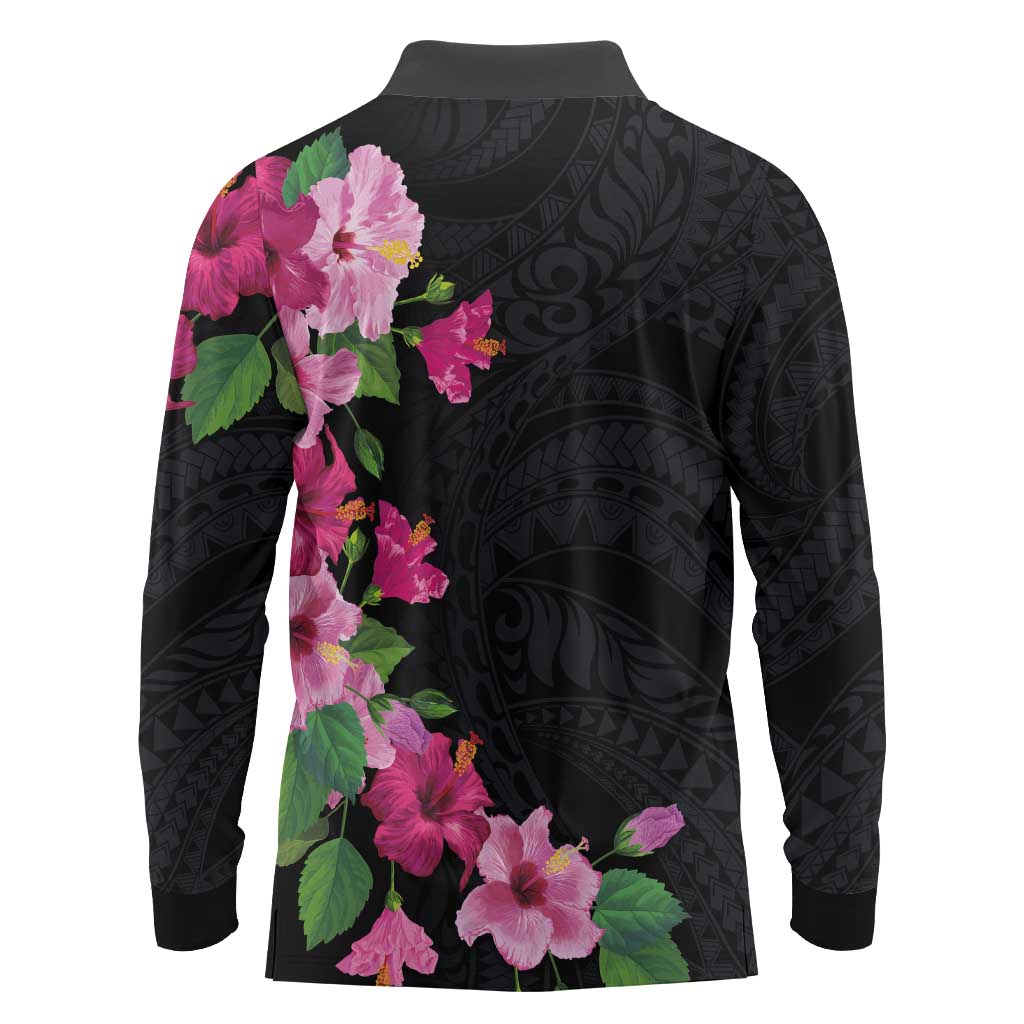 Hawaiian Hibiscus and Art Polynesian Tattoo Long Sleeve Polo Shirt Black Color