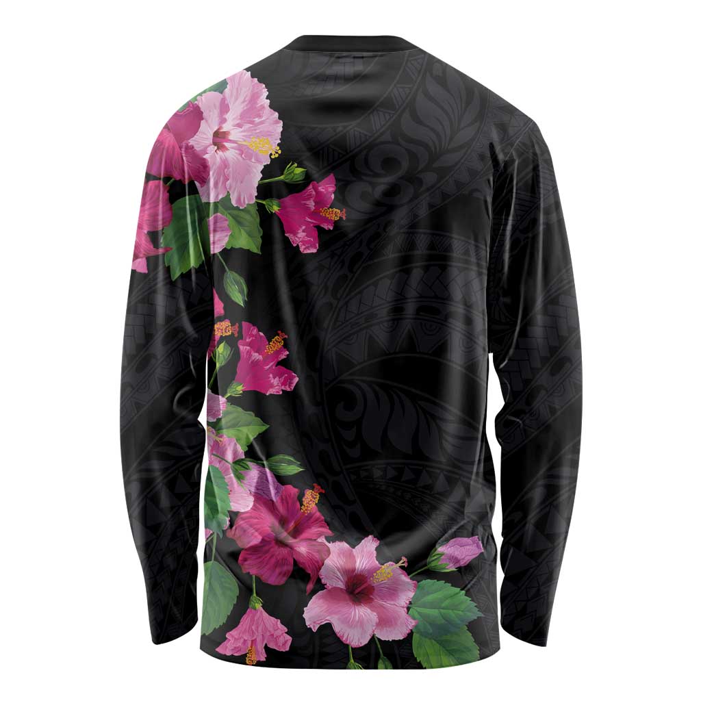Hawaiian Hibiscus and Art Polynesian Tattoo Long Sleeve Shirt Black Color LT03 - Polynesian Pride