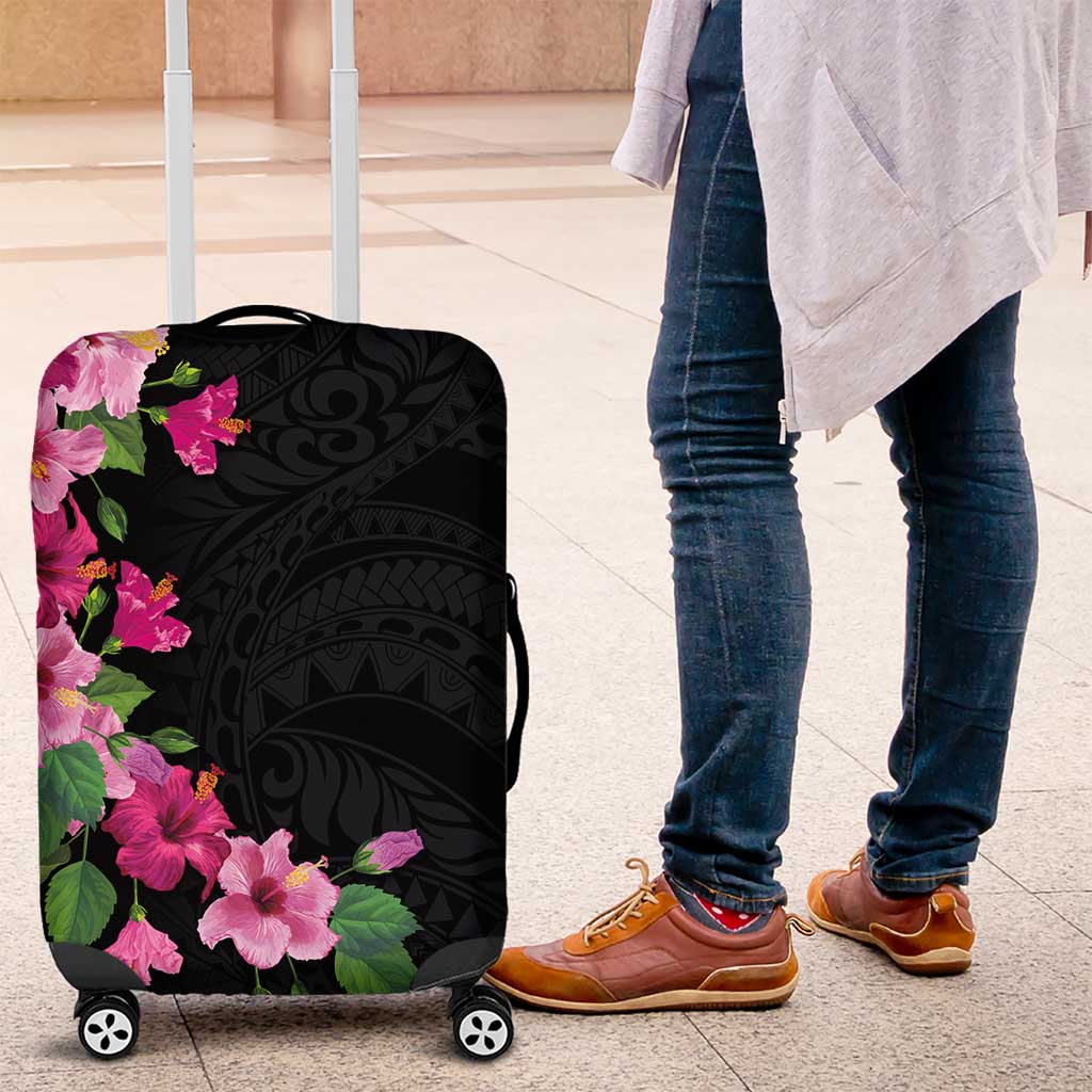 Hawaiian Hibiscus and Art Polynesian Tattoo Luggage Cover Black Color