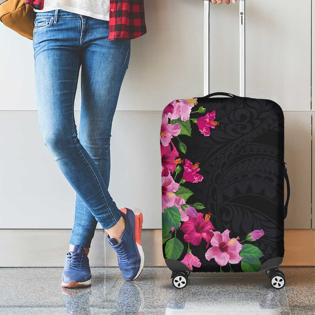 Hawaiian Hibiscus and Art Polynesian Tattoo Luggage Cover Black Color
