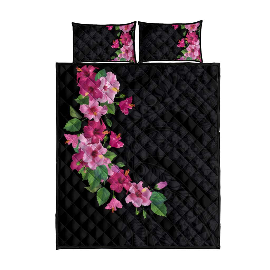 Hawaiian Hibiscus and Art Polynesian Tattoo Quilt Bed Set Black Color