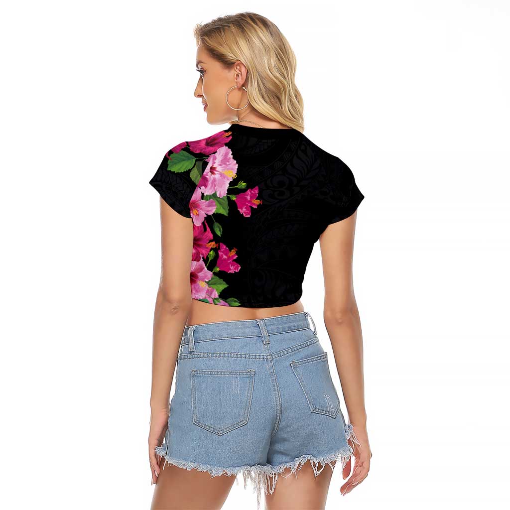 Hawaiian Hibiscus and Art Polynesian Tattoo Raglan Cropped T Shirt Black Color