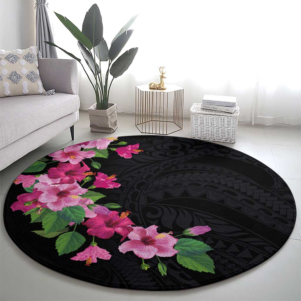 Hawaiian Hibiscus and Art Polynesian Tattoo Round Carpet Black Color