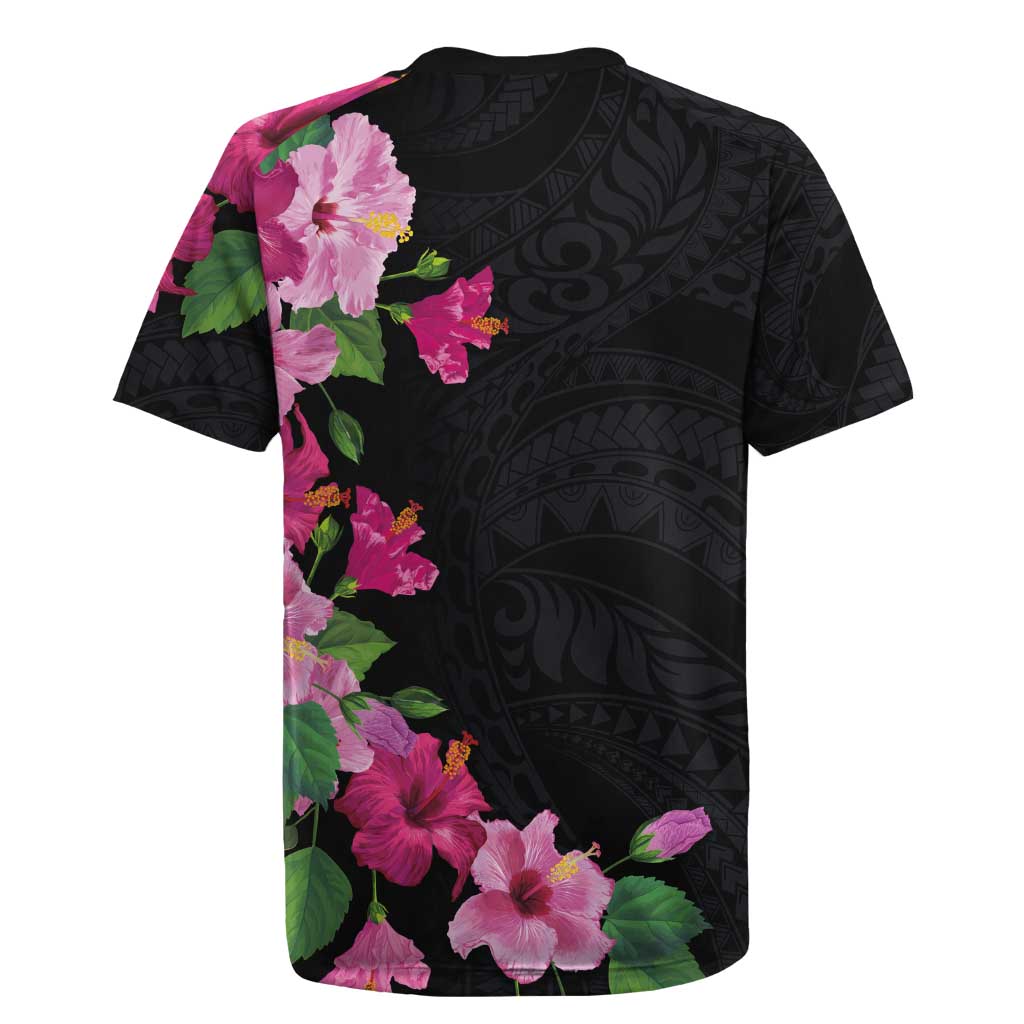 Hawaiian Hibiscus and Art Polynesian Tattoo Rugby Jersey Black Color