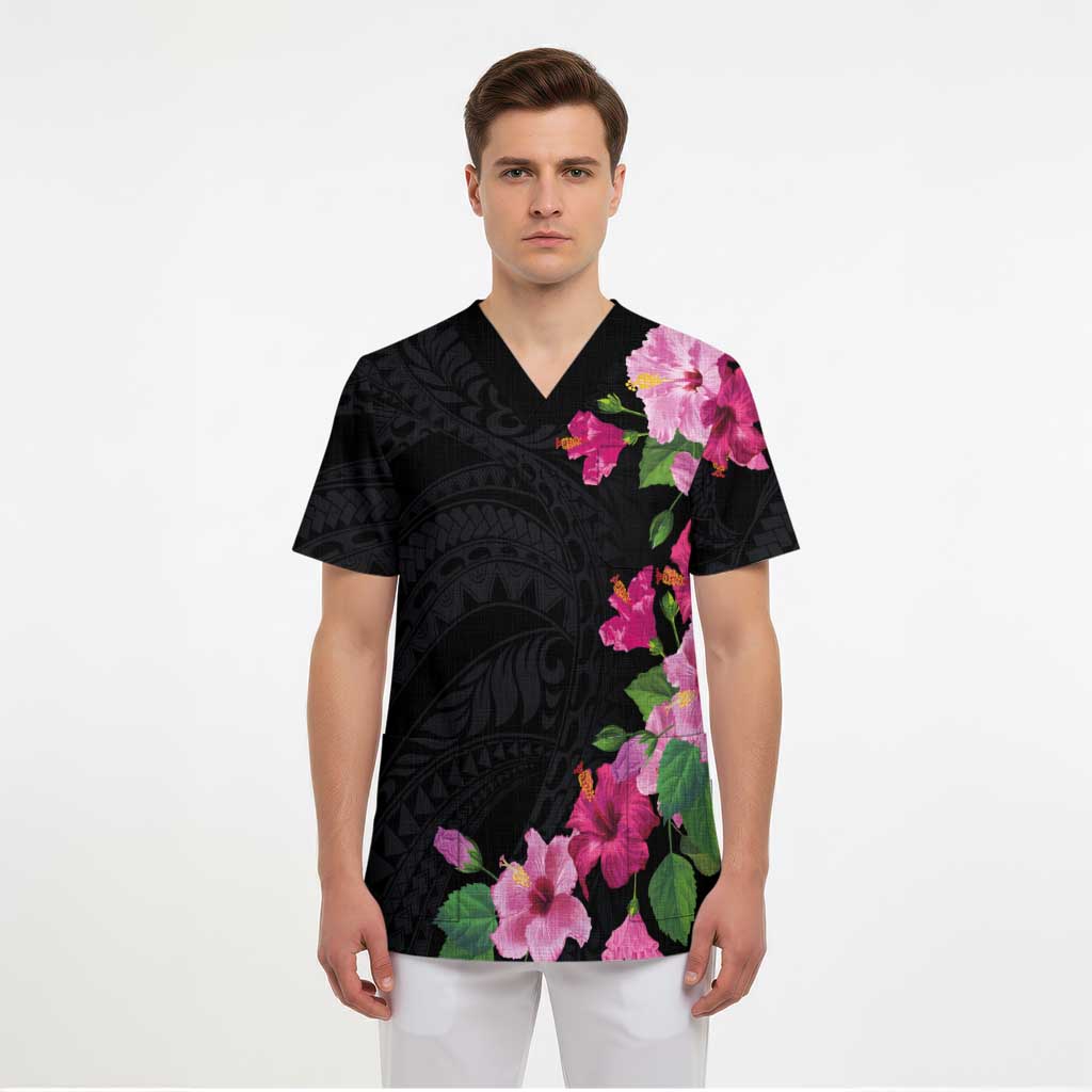 Hawaiian Hibiscus and Art Polynesian Tattoo Scrub Top Black Color - Polynesian Pride