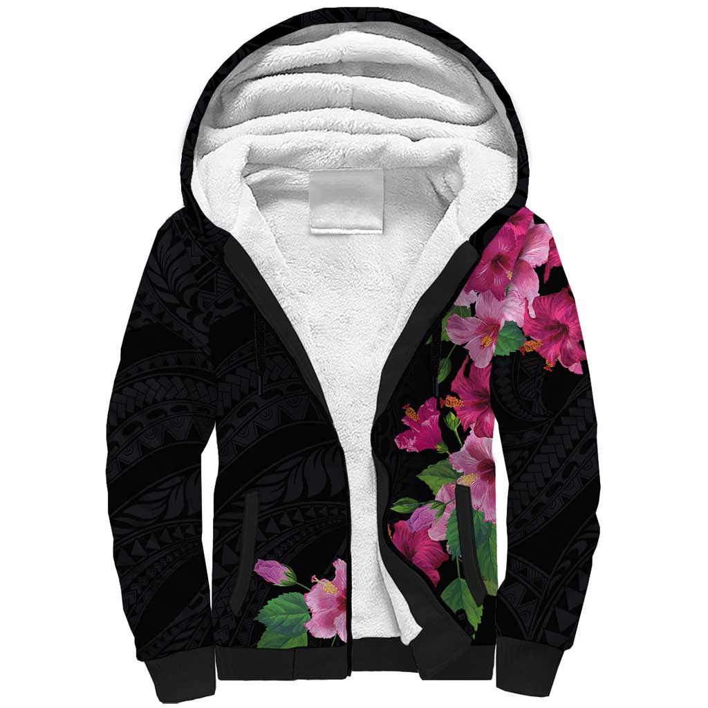 Hawaiian Hibiscus and Art Polynesian Tattoo Sherpa Hoodie Black Color LT03 Unisex Black - Polynesian Pride