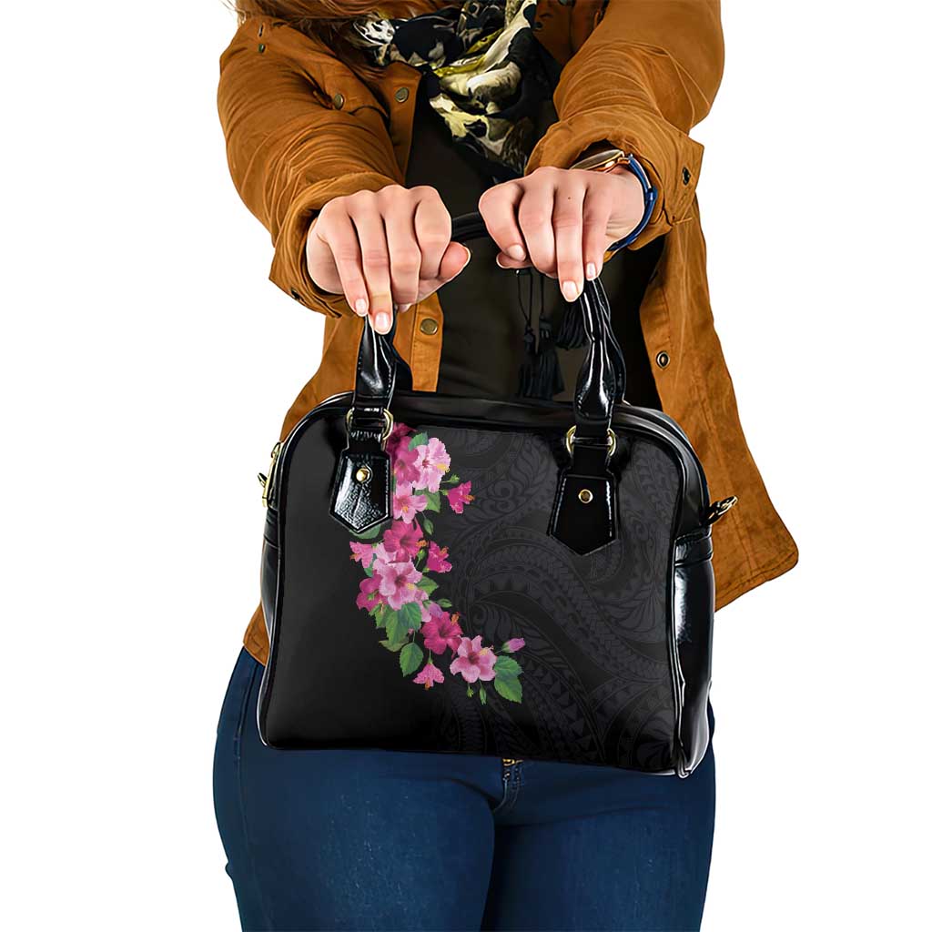 Hawaiian Hibiscus and Art Polynesian Tattoo Shoulder Handbag Black Color