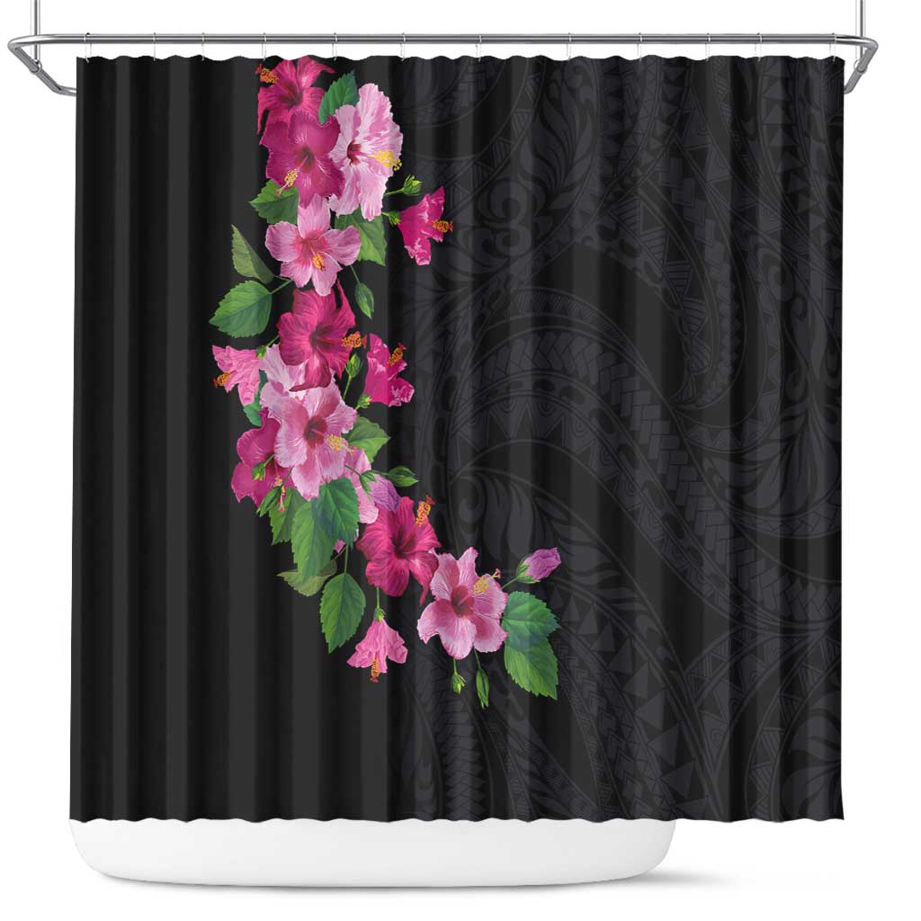 Hawaiian Hibiscus and Art Polynesian Tattoo Shower Curtain Black Color