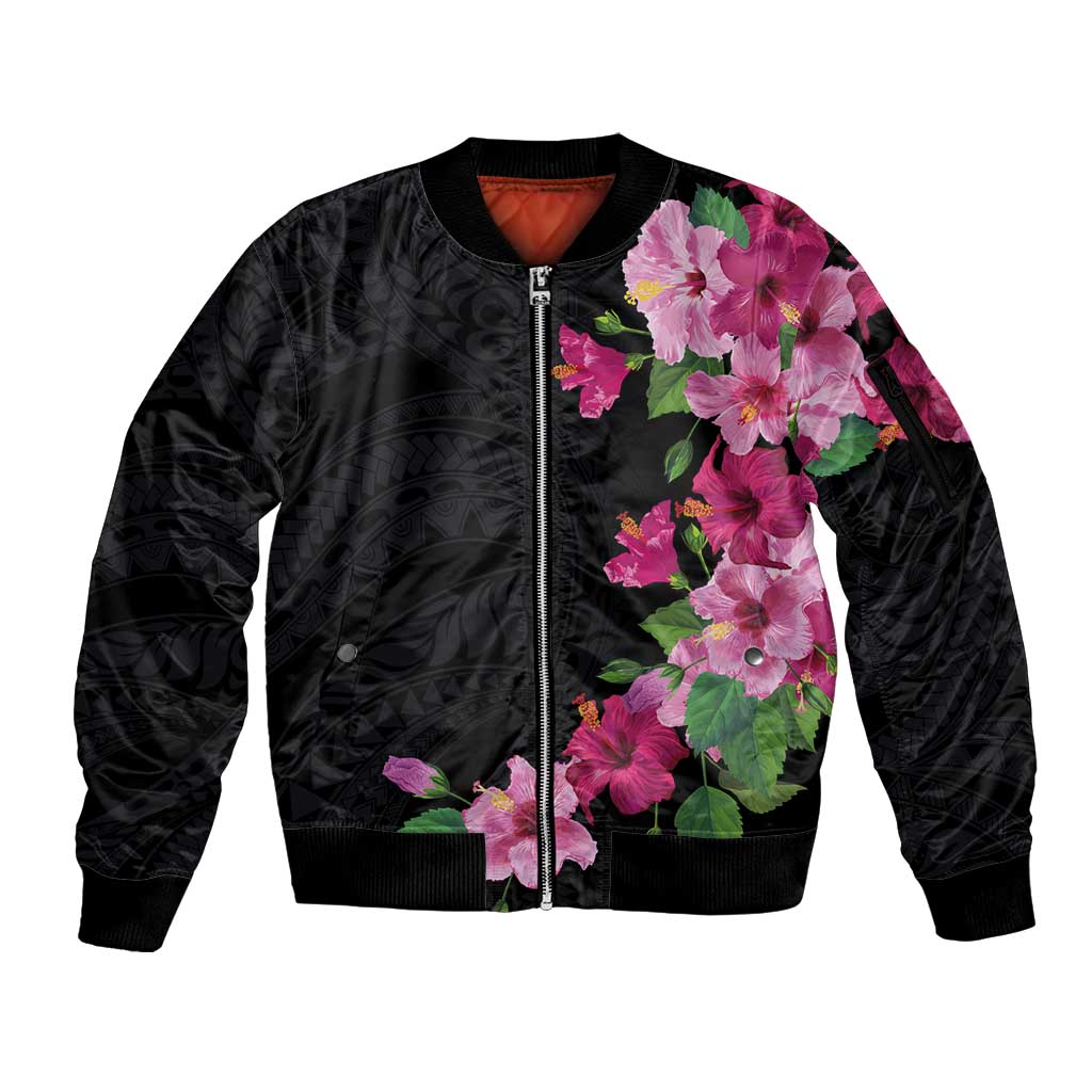Hawaiian Hibiscus and Art Polynesian Tattoo Sleeve Zip Bomber Jacket Black Color
