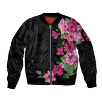 Hawaiian Hibiscus and Art Polynesian Tattoo Sleeve Zip Bomber Jacket Black Color