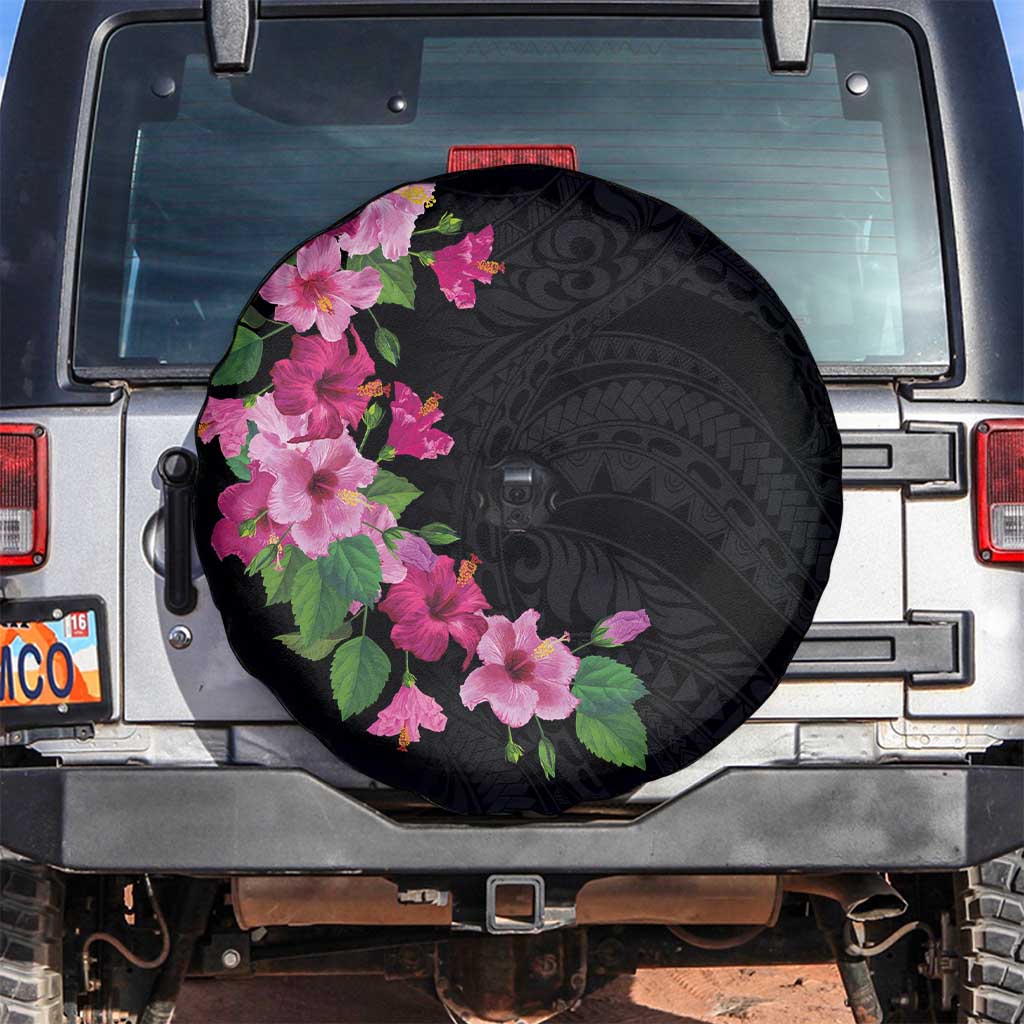 Hawaiian Hibiscus and Art Polynesian Tattoo Spare Tire Cover Black Color