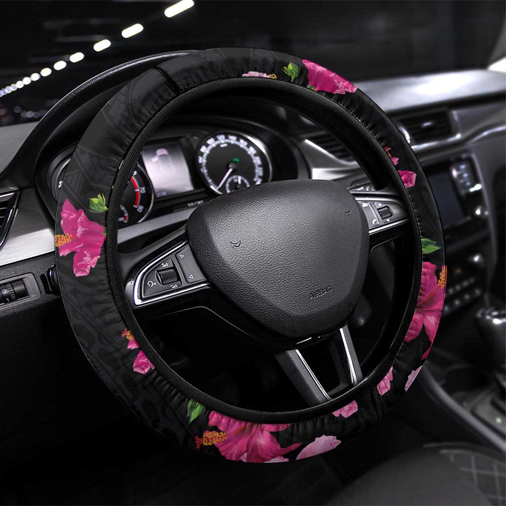 Hawaiian Hibiscus and Art Polynesian Tattoo Steering Wheel Cover Black Color