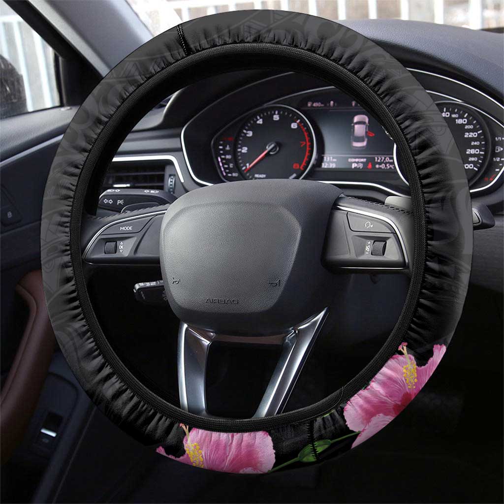 Hawaiian Hibiscus and Art Polynesian Tattoo Steering Wheel Cover Black Color