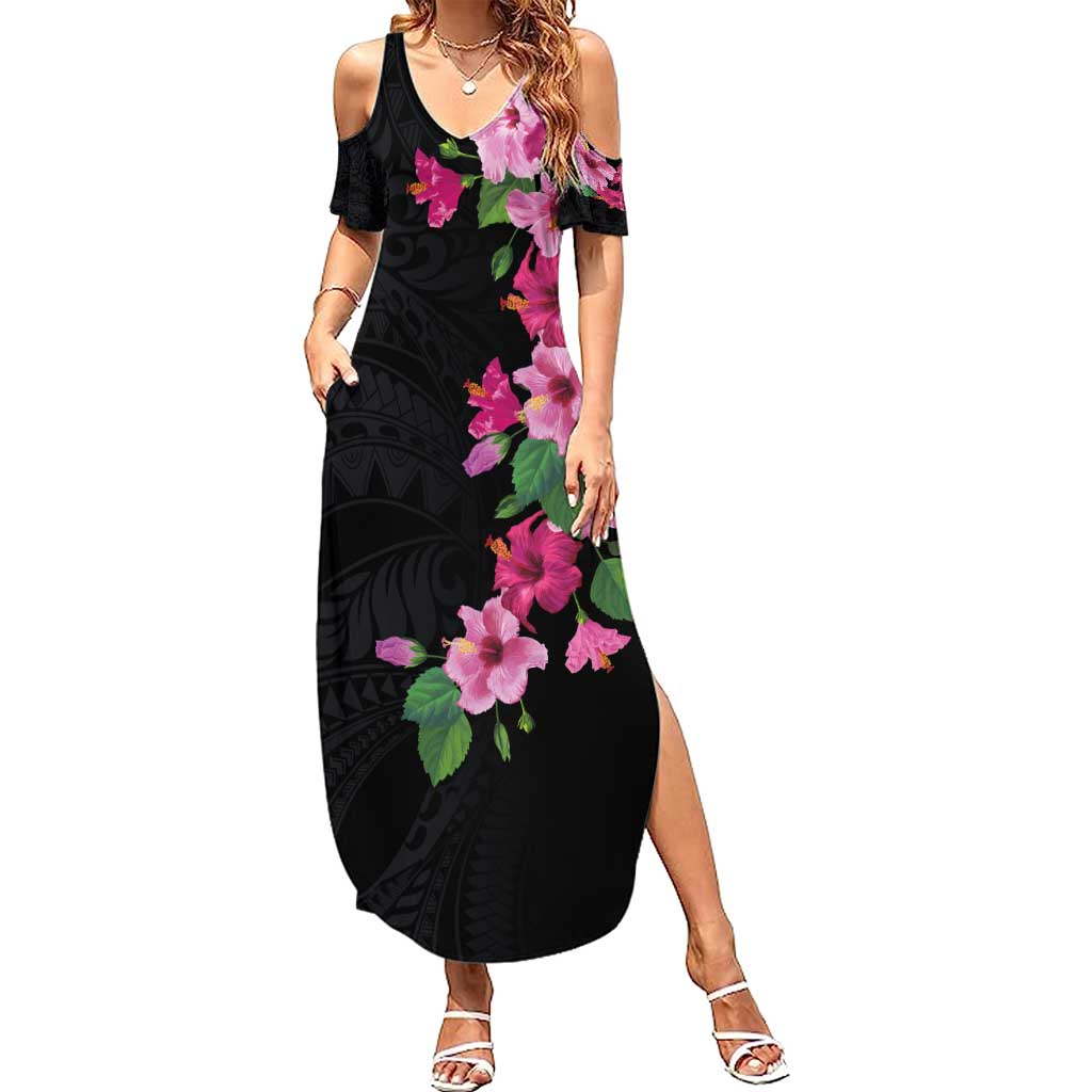 Hawaiian Hibiscus and Art Polynesian Tattoo Summer Maxi Dress Black Color