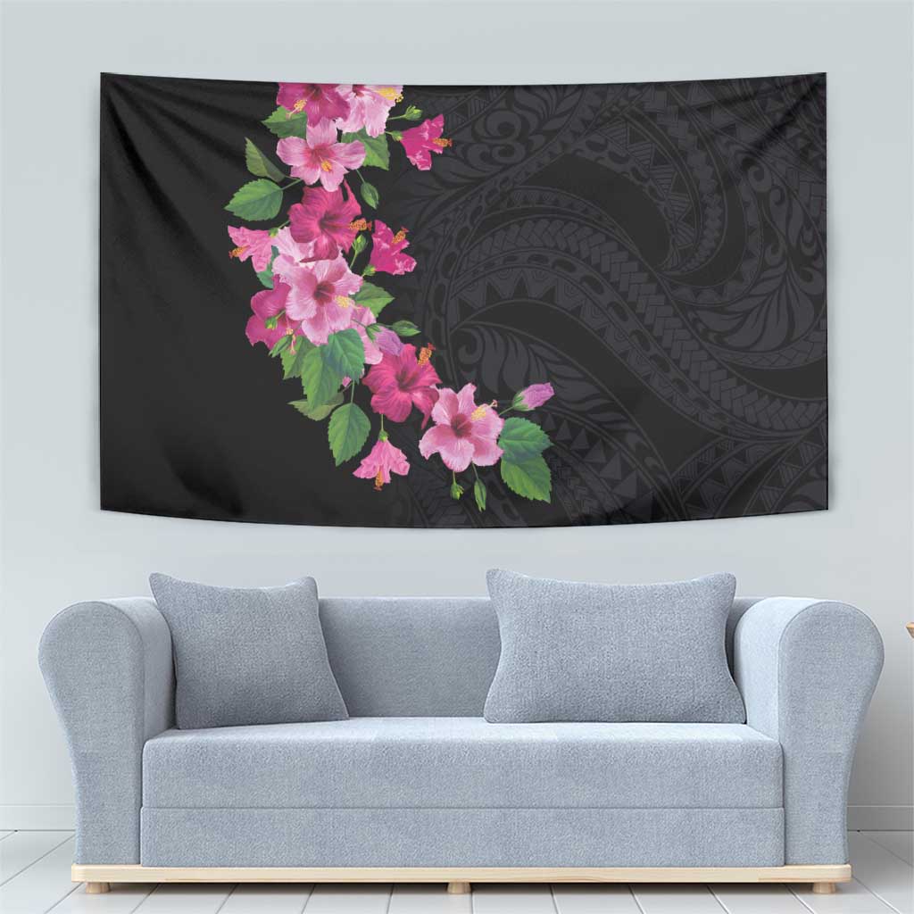 Hawaiian Hibiscus and Art Polynesian Tattoo Tapestry Black Color
