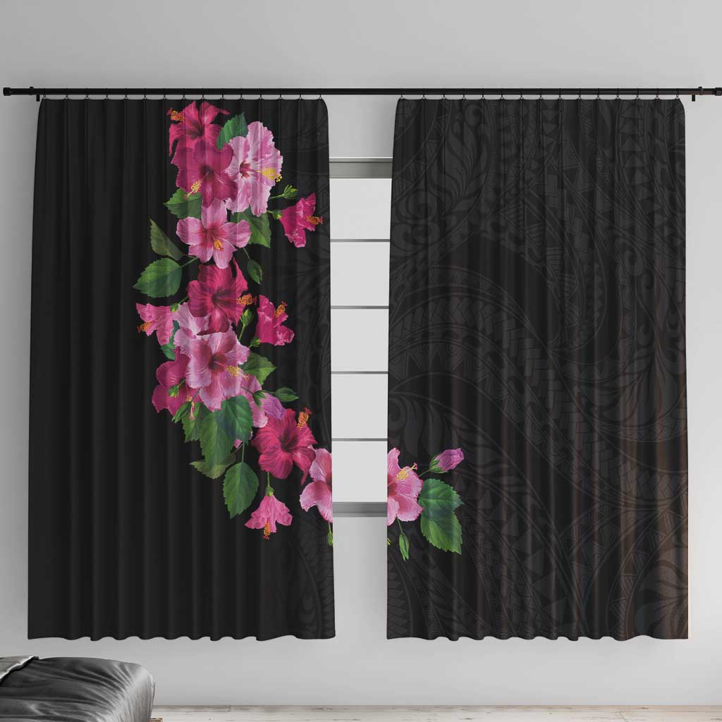 Hawaiian Hibiscus and Art Polynesian Tattoo Window Curtain Black Color LT03 With Hooks Black - Polynesian Pride