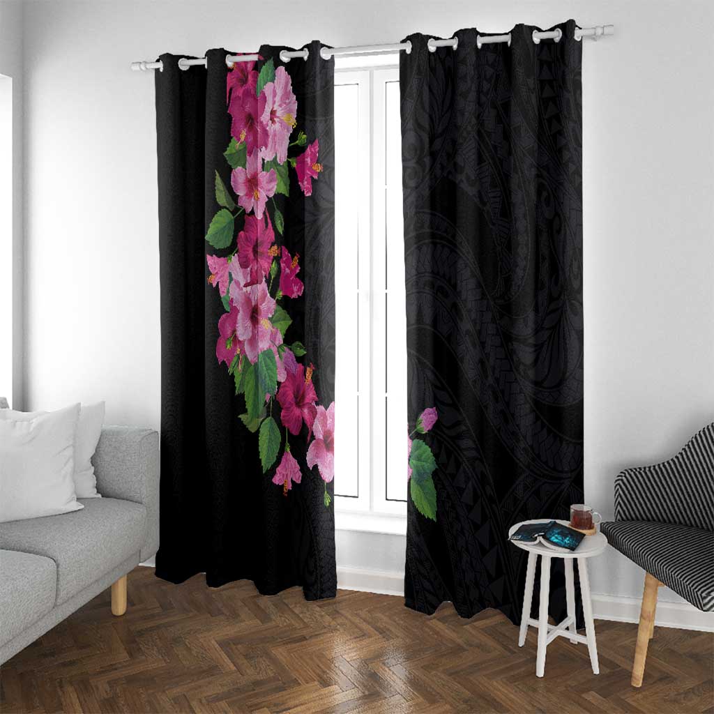 Hawaiian Hibiscus and Art Polynesian Tattoo Window Curtain Black Color LT03 With Grommets Black - Polynesian Pride