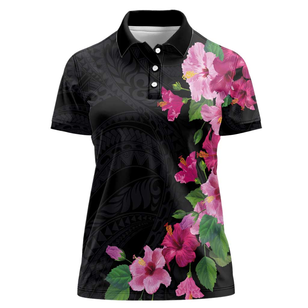 Hawaiian Hibiscus and Art Polynesian Tattoo Women Polo Shirt Black Color