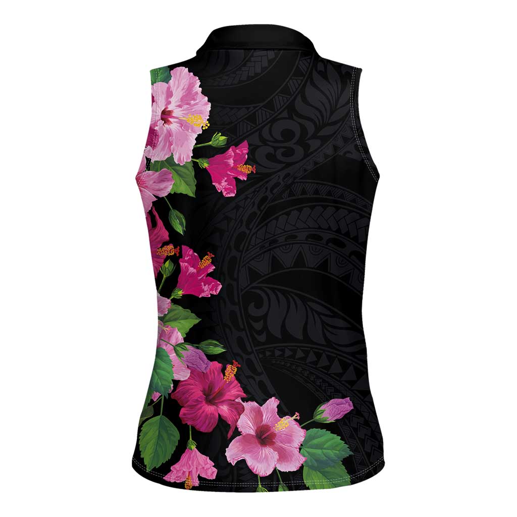 Hawaiian Hibiscus and Art Polynesian Tattoo Women Sleeveless Polo Shirt Black Color