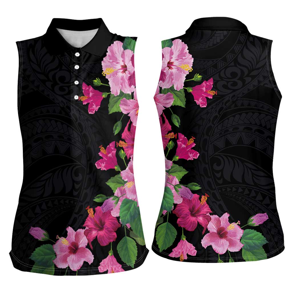 Hawaiian Hibiscus and Art Polynesian Tattoo Women Sleeveless Polo Shirt Black Color