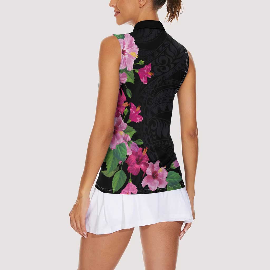 Hawaiian Hibiscus and Art Polynesian Tattoo Women Sleeveless Polo Shirt Black Color
