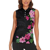 Hawaiian Hibiscus and Art Polynesian Tattoo Women Sleeveless Polo Shirt Black Color