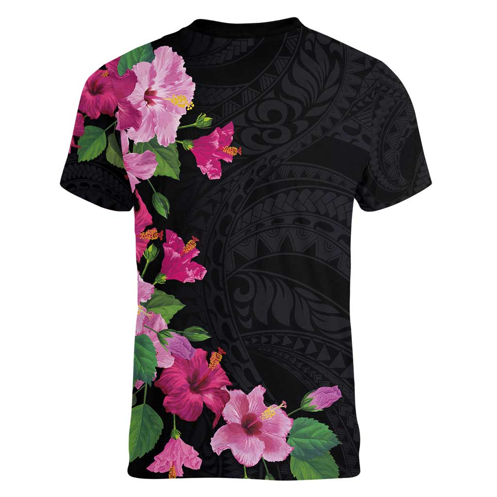Hawaiian Hibiscus and Art Polynesian Tattoo Women V-Neck T-Shirt Black Color