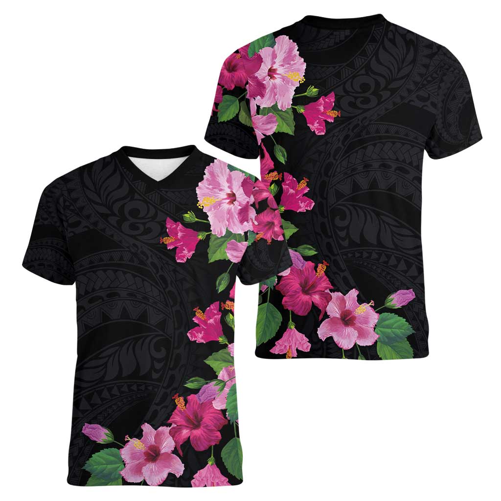 Hawaiian Hibiscus and Art Polynesian Tattoo Women V-Neck T-Shirt Black Color