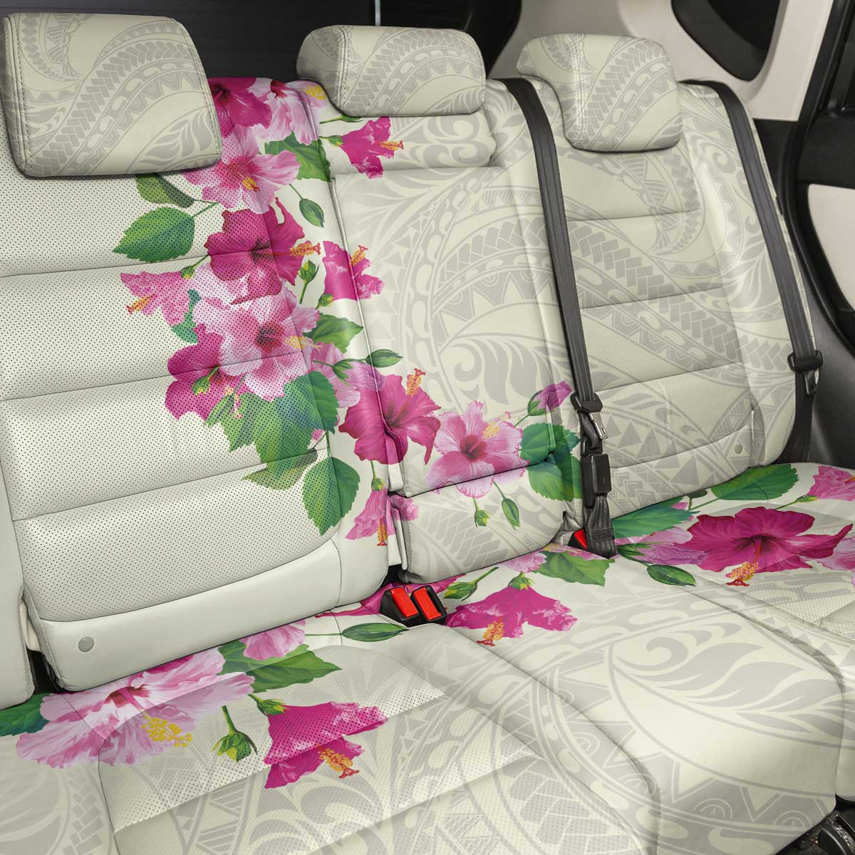 Hawaiian Hibiscus and Art Polynesian Tattoo Back Car Seat Cover Beige Color