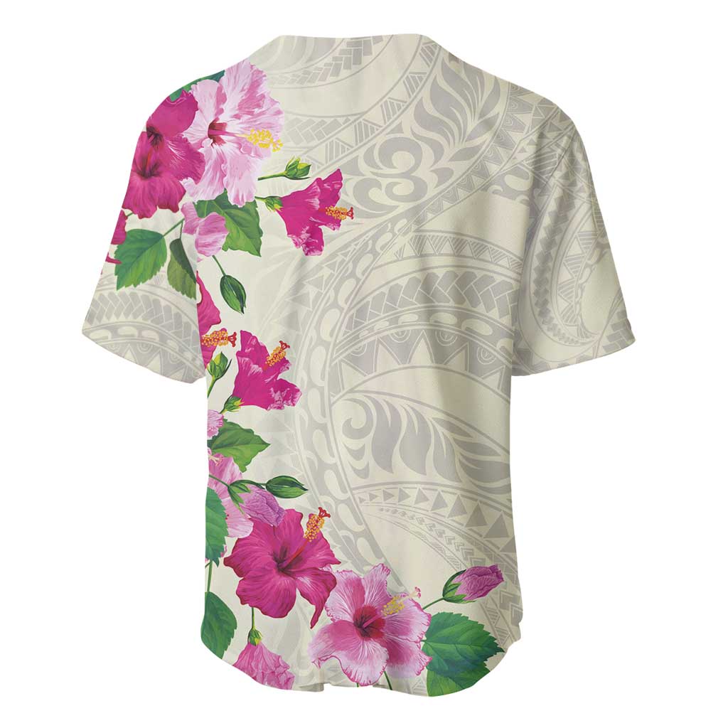 Hawaiian Hibiscus and Art Polynesian Tattoo Baseball Jersey Beige Color