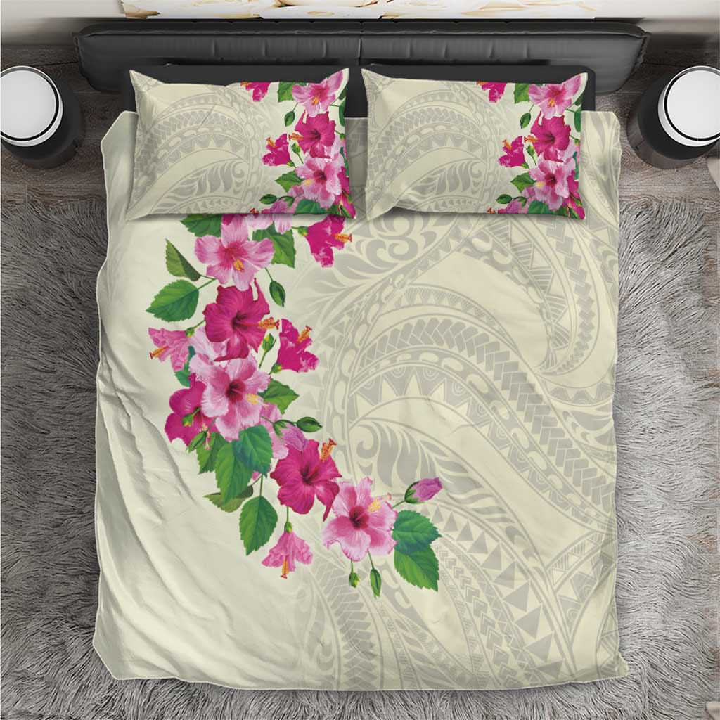 Hawaiian Hibiscus and Art Polynesian Tattoo Bedding Set Beige Color