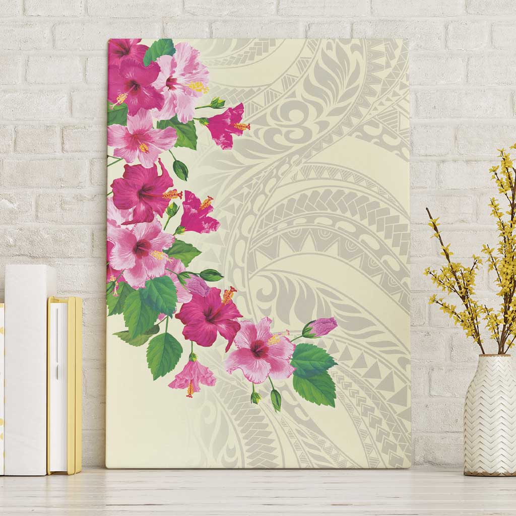 Hawaiian Hibiscus and Art Polynesian Tattoo Canvas Wall Art Beige Color