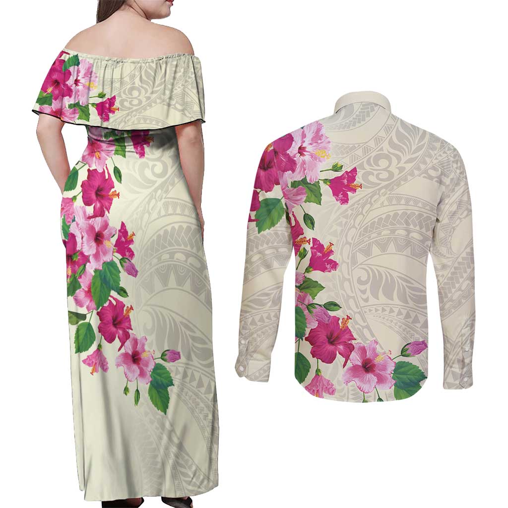 Hawaiian Hibiscus and Art Polynesian Tattoo Couples Matching Off Shoulder Maxi Dress and Long Sleeve Button Shirt Beige Color LT03 - Polynesian Pride