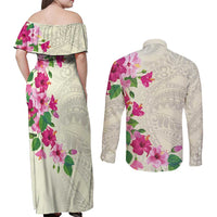 Hawaiian Hibiscus and Art Polynesian Tattoo Couples Matching Off Shoulder Maxi Dress and Long Sleeve Button Shirt Beige Color LT03 - Polynesian Pride