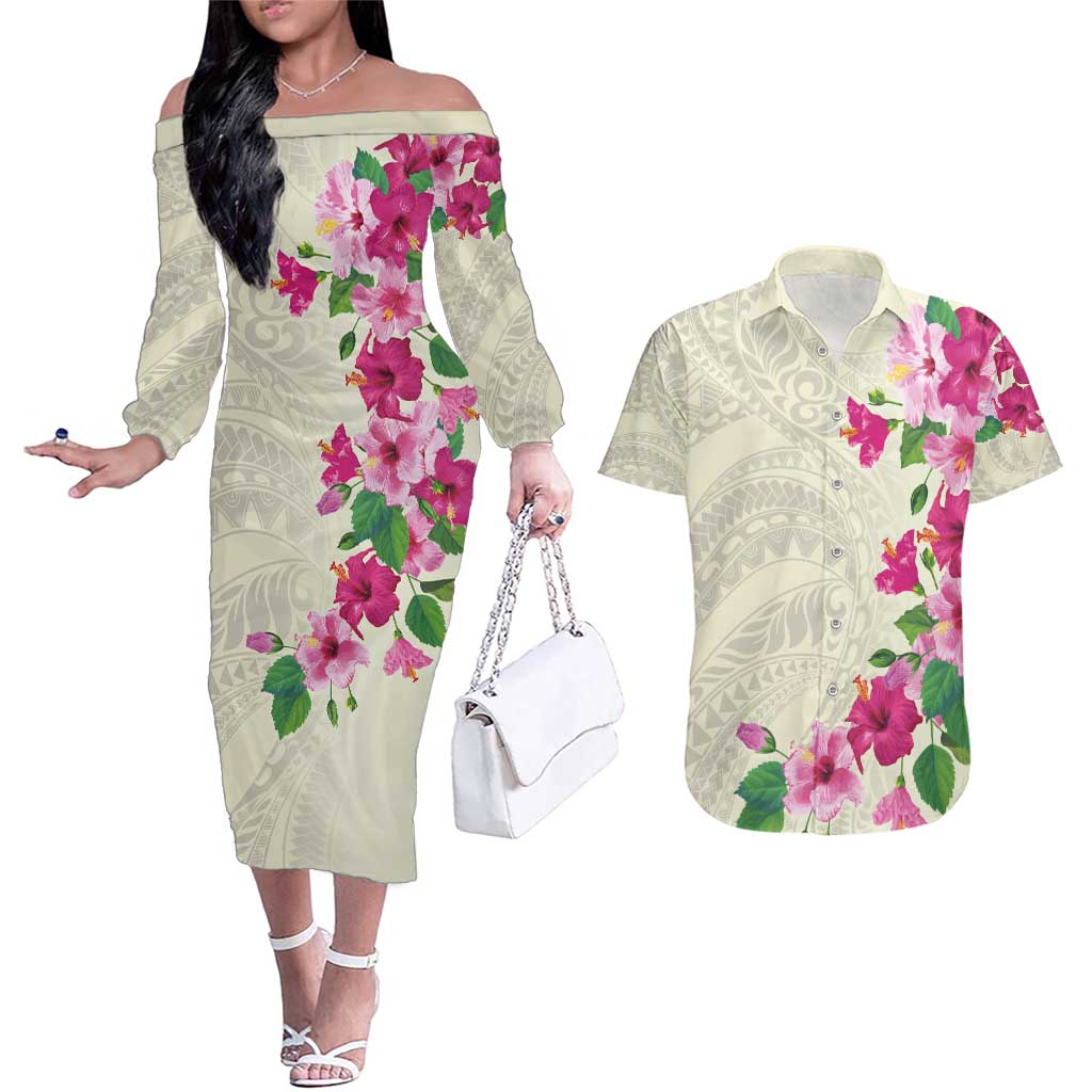 Hawaiian Hibiscus and Art Polynesian Tattoo Couples Matching Off The Shoulder Long Sleeve Dress and Hawaiian Shirt Beige Color