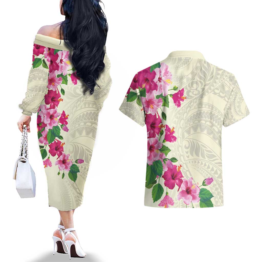Hawaiian Hibiscus and Art Polynesian Tattoo Couples Matching Off The Shoulder Long Sleeve Dress and Hawaiian Shirt Beige Color