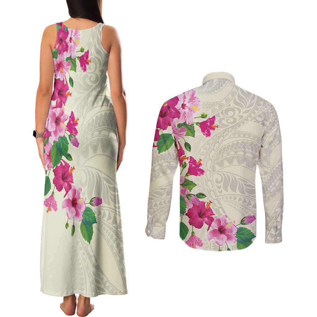 Hawaiian Hibiscus and Art Polynesian Tattoo Couples Matching Tank Maxi Dress and Long Sleeve Button Shirt Beige Color