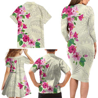 Hawaiian Hibiscus and Art Polynesian Tattoo Family Matching Long Sleeve Bodycon Dress and Hawaiian Shirt Beige Color