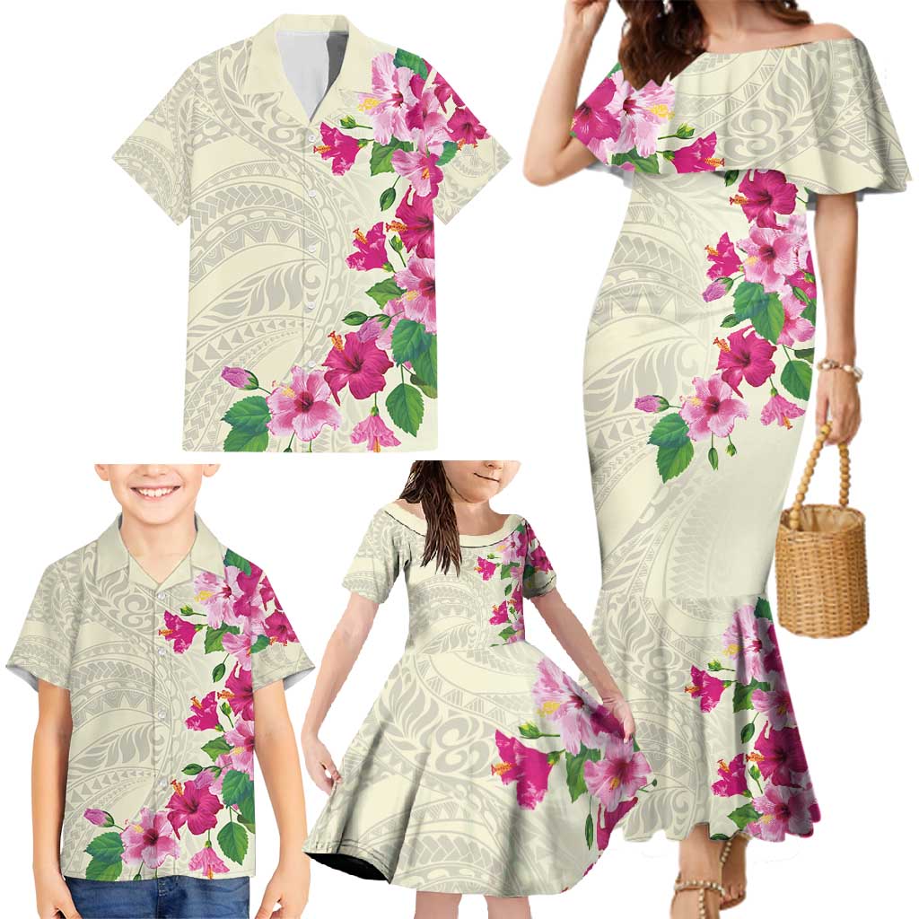 Hawaiian Hibiscus and Art Polynesian Tattoo Family Matching Mermaid Dress and Hawaiian Shirt Beige Color