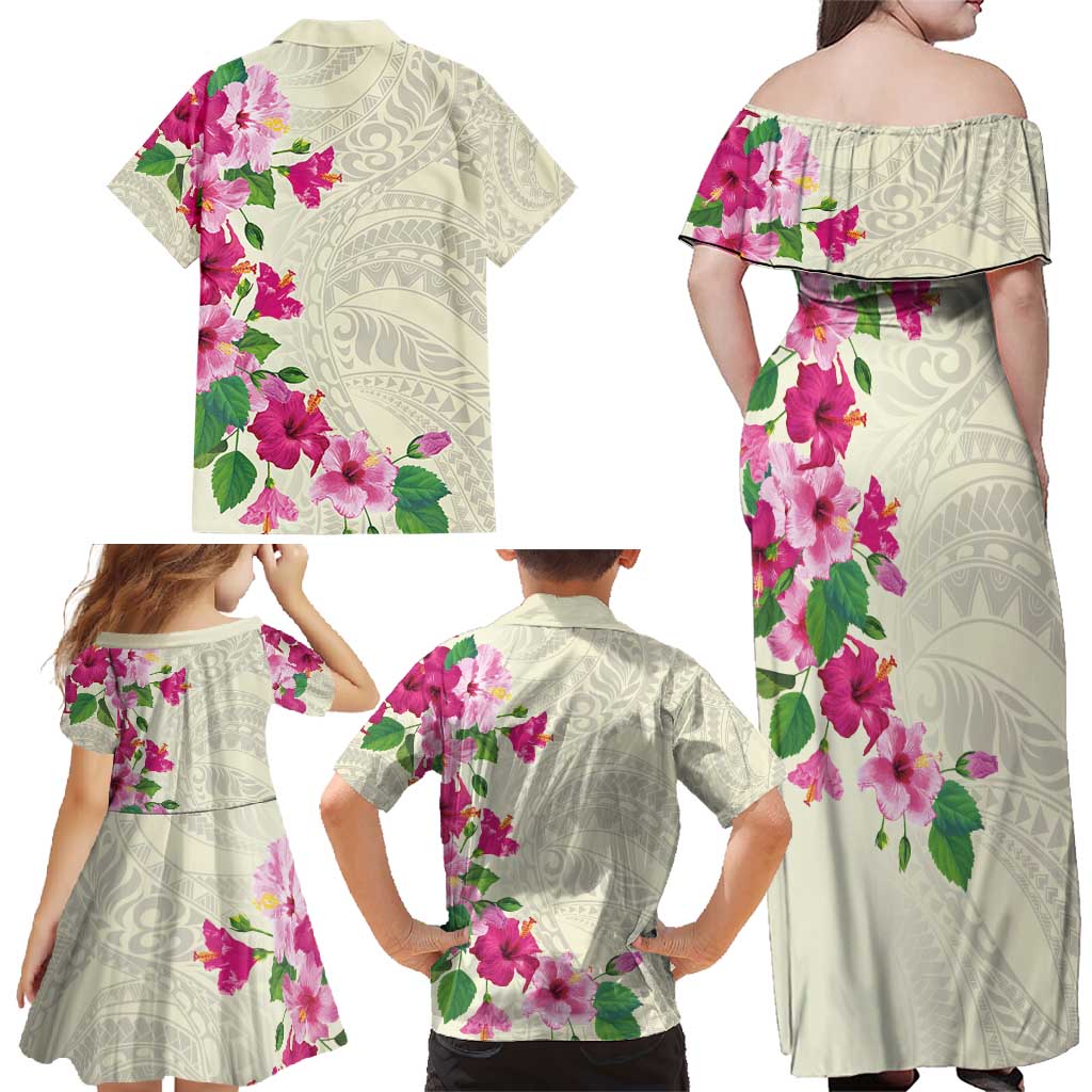 Hawaiian Hibiscus and Art Polynesian Tattoo Family Matching Off Shoulder Maxi Dress and Hawaiian Shirt Beige Color
