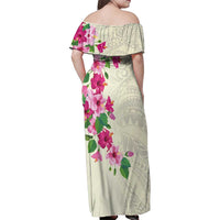 Hawaiian Hibiscus and Art Polynesian Tattoo Family Matching Off Shoulder Maxi Dress and Hawaiian Shirt Beige Color