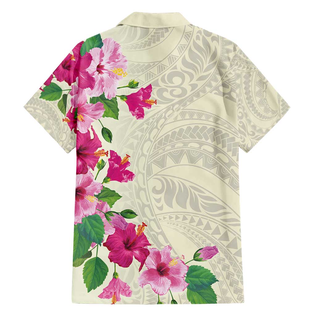 Hawaiian Hibiscus and Art Polynesian Tattoo Family Matching Off Shoulder Short Dress and Hawaiian Shirt Beige Color