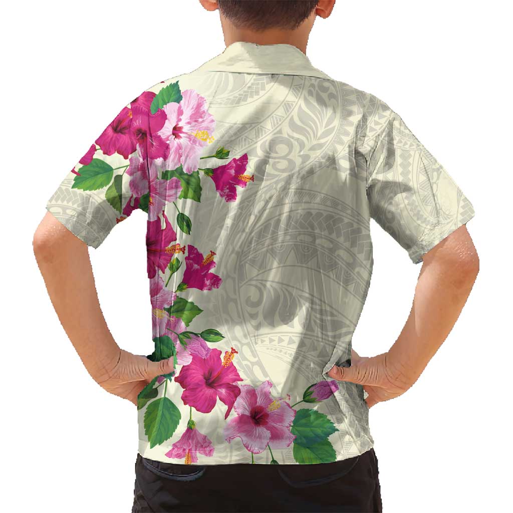 Hawaiian Hibiscus and Art Polynesian Tattoo Family Matching Puletasi and Hawaiian Shirt Beige Color