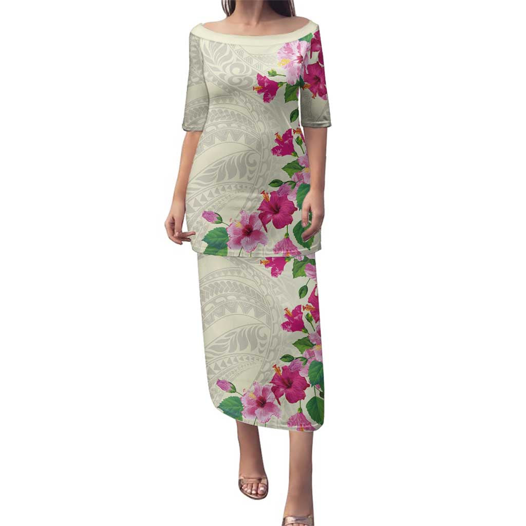 Hawaiian Hibiscus and Art Polynesian Tattoo Family Matching Puletasi and Hawaiian Shirt Beige Color